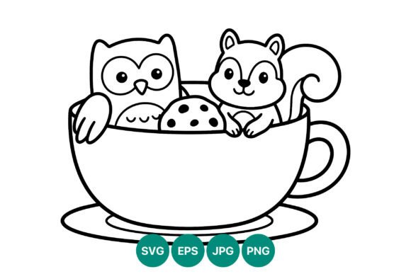 Cute Owl and Squirrel in Cup Line Art Review